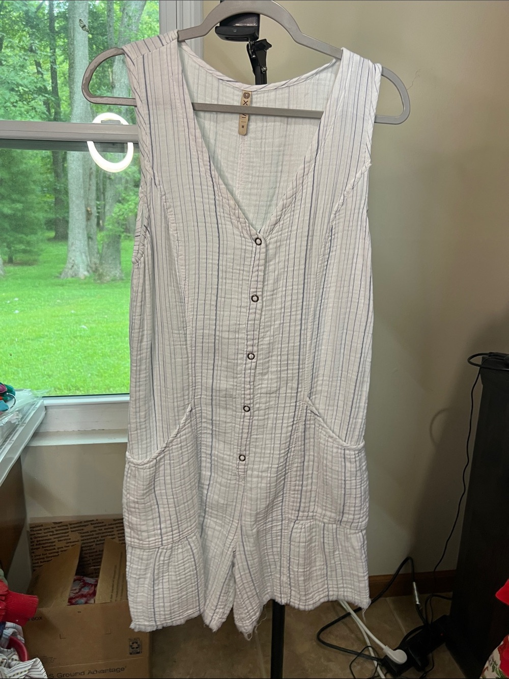 XCVI White and Blue Striped Sleeveless Button-Front Romper #2011
